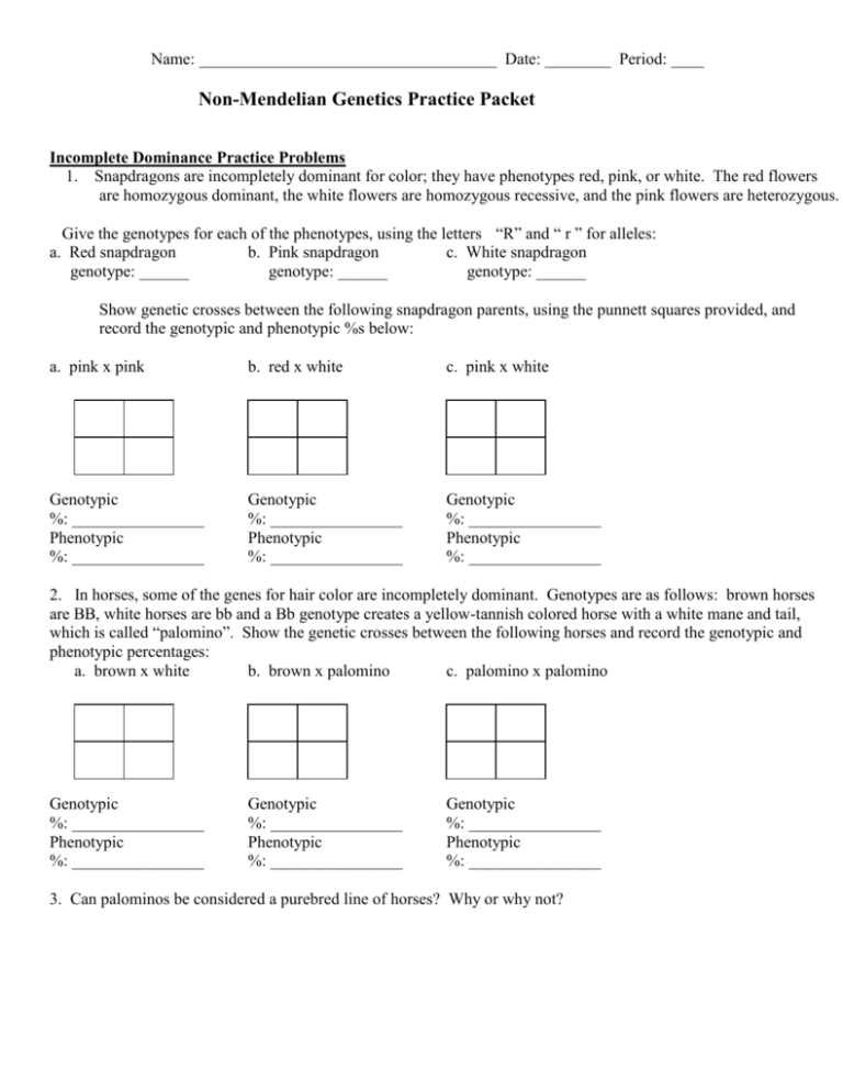 Non Mendelian Genetics Practice Incomplete Codominance