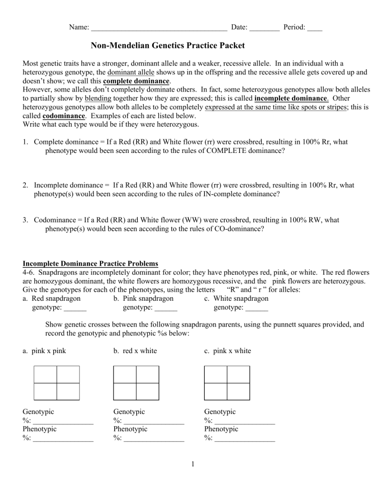 Non Mendelian Genetics Practice Worksheet