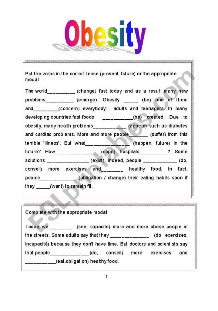 Obesity ESL Worksheet By Flo England