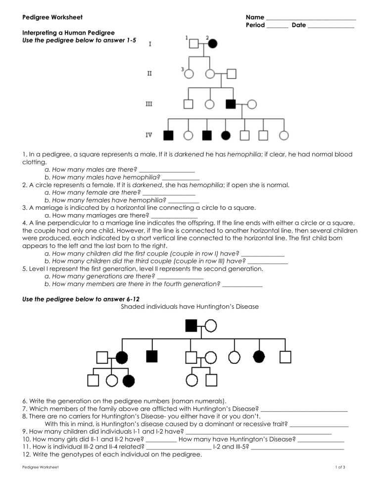 Pedigree Analysis Worksheet Genetics Practice