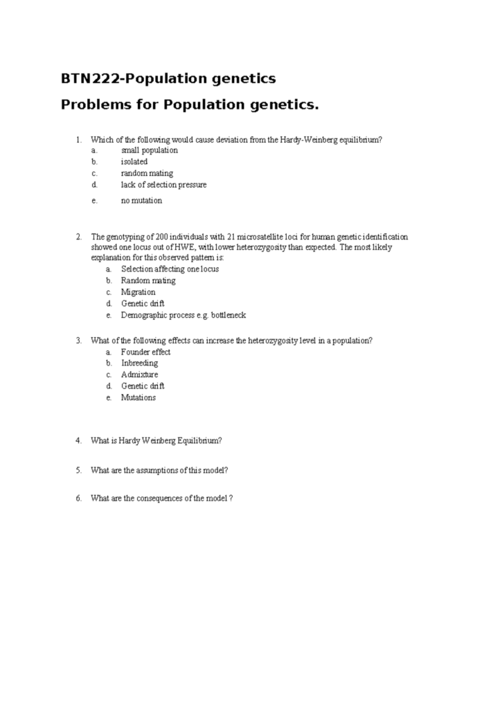 Pop Genetics Practice Questions BTN222 Population Genetics Problems 