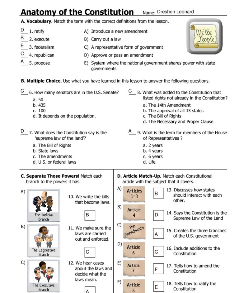 Printable Anatomy Of Constitution Icivics Answer Key Printable JD