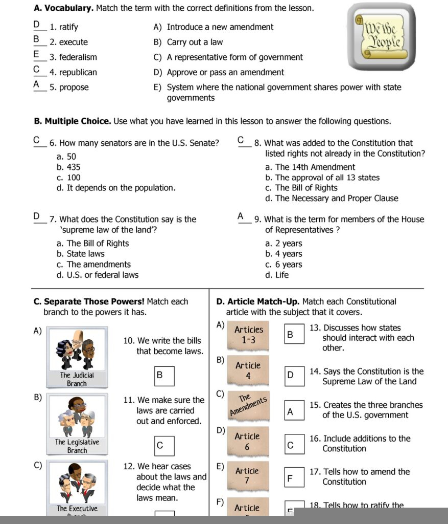 Printable Anatomy Of The Constitution Worksheet Answers