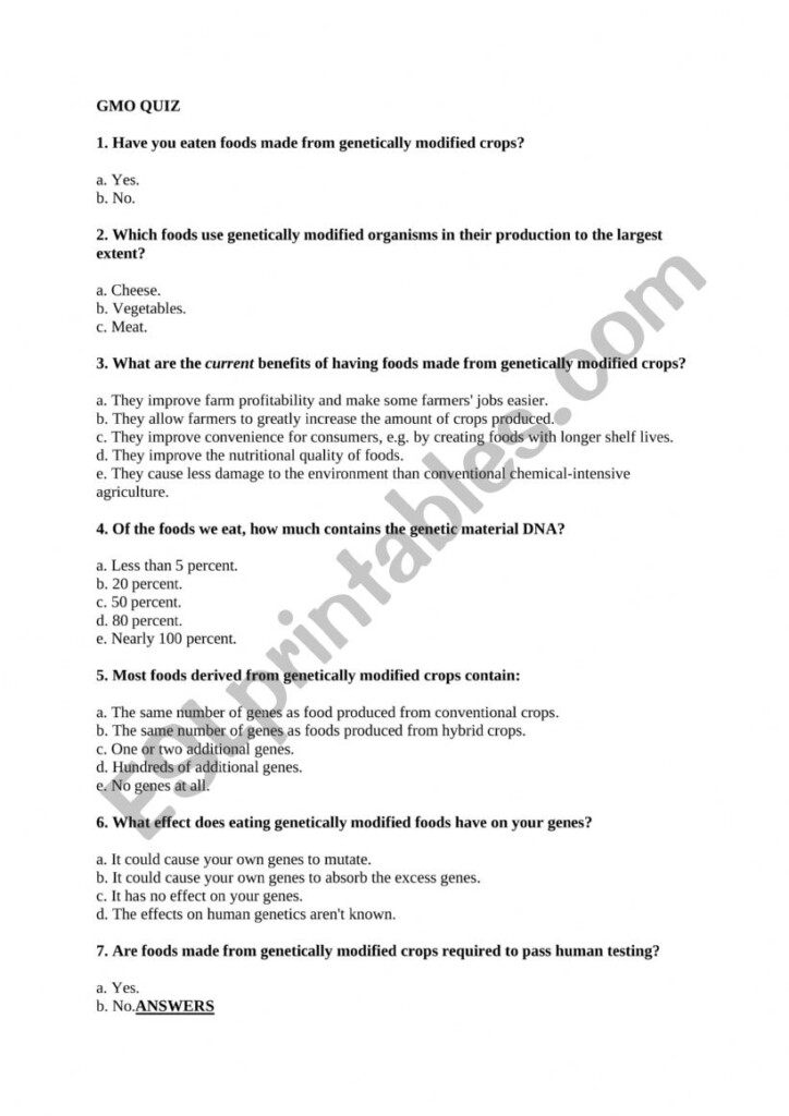 Quiz On GMO with Answers ESL Worksheet By Kclut