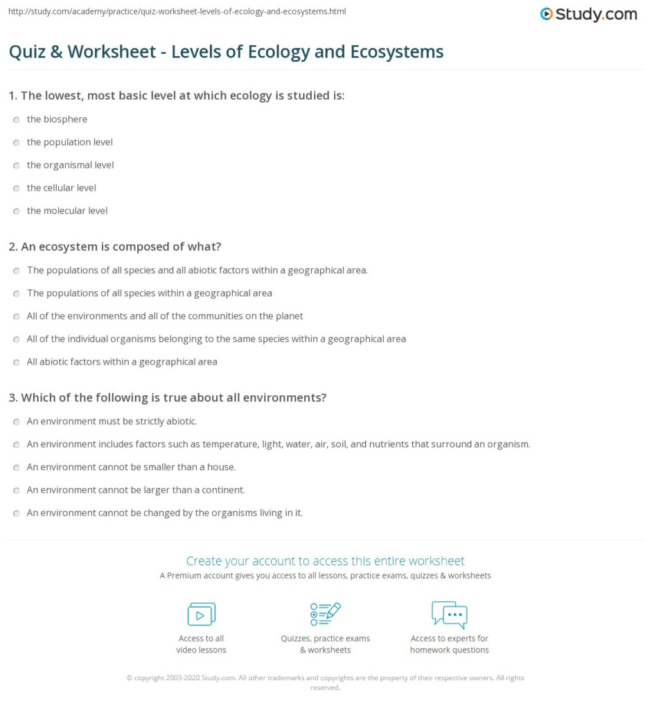 Quiz Worksheet Levels Of Ecology And Ecosystems Study