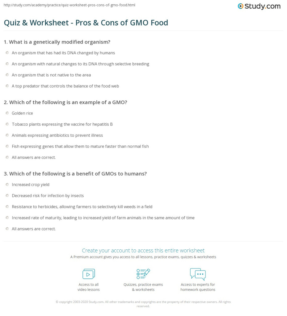 Quiz Worksheet Pros Cons Of GMO Food Study