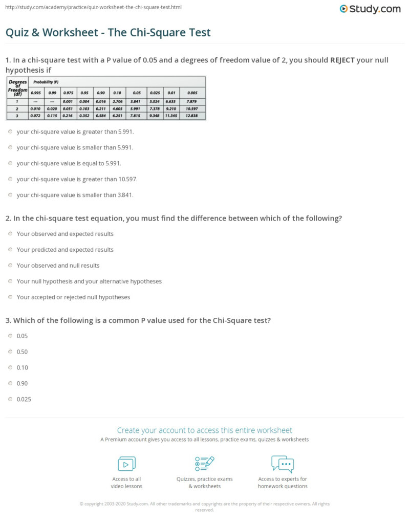 Quiz Worksheet The Chi Square Test Study