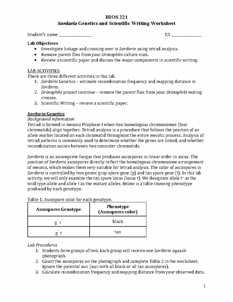 Sordaria Genetics Worksheet BIOS 221 Sordaria Genetics And Scientific 