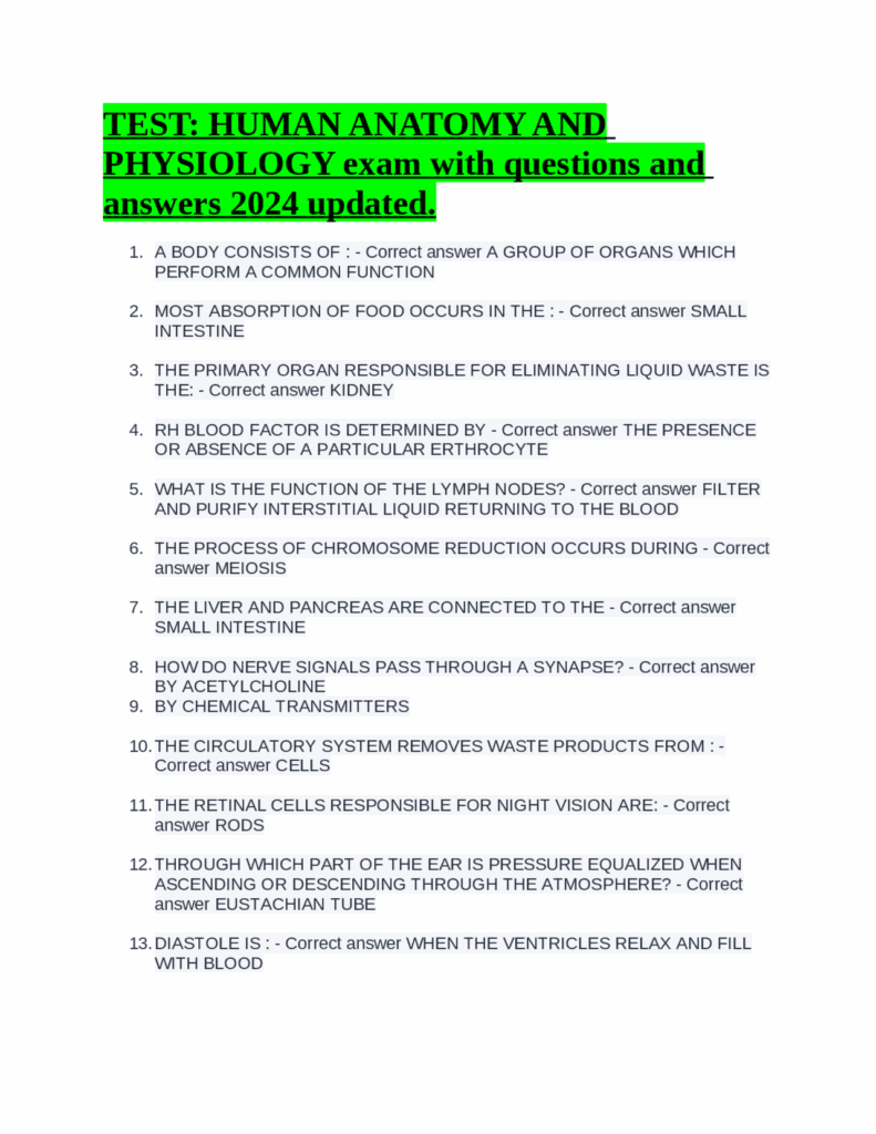 TEST HUMAN ANATOMY AND PHYSIOLOGY Exam With Questions And Answers 2024 