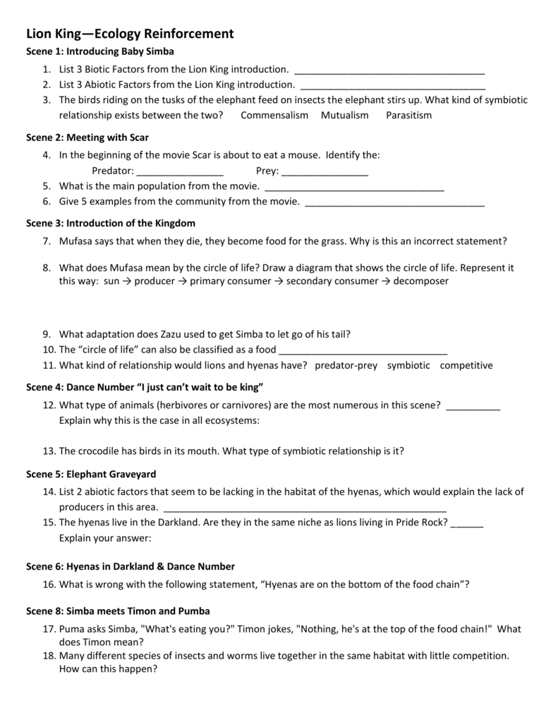 The Lion King Ecology Science Worksheet Answer Key Pdf Organicked