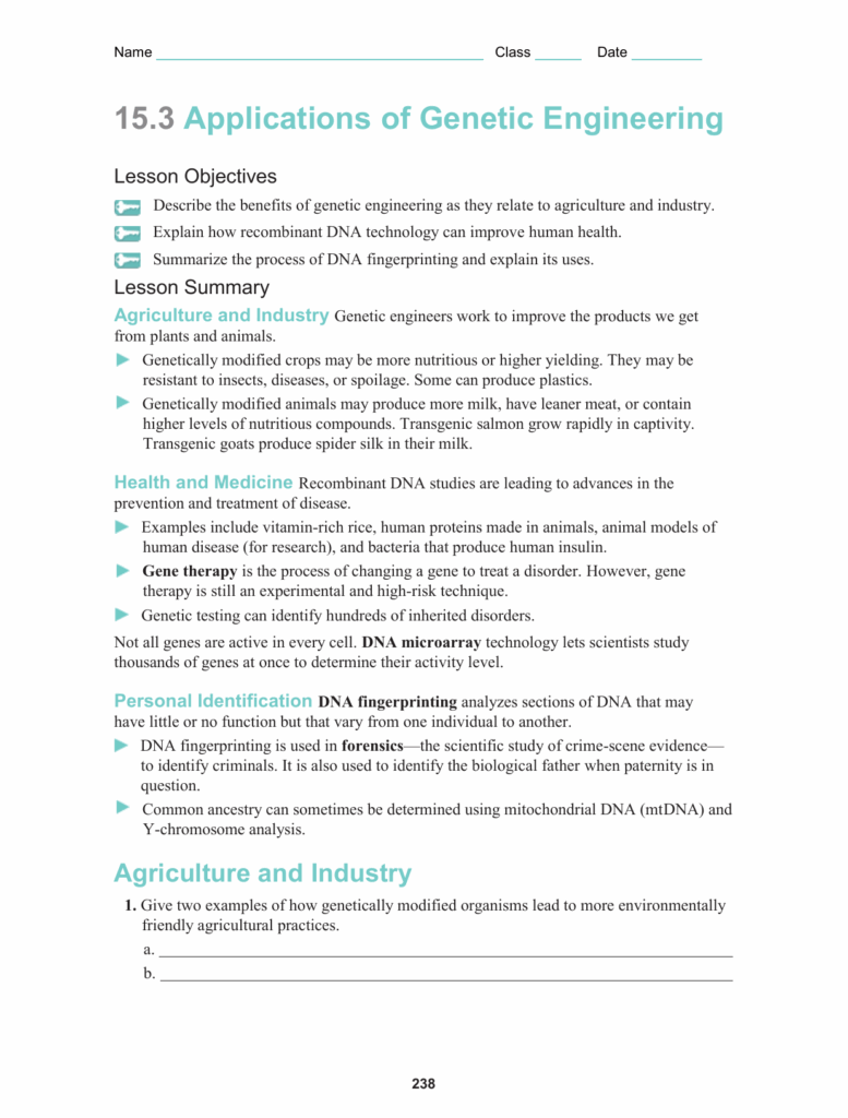Worksheet 153 Applications Of Genetic Engineering Db excel