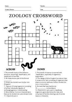 Zoology Crossword Puzzle By Getexcited4learning TPT